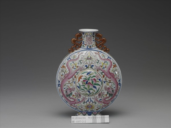 粉彩花卉雙龍紋扁壺