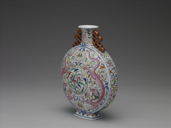 粉彩花卉雙龍紋扁壺