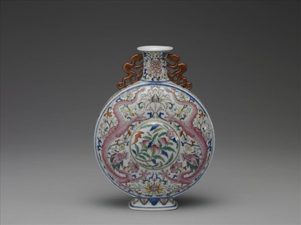 粉彩花卉雙龍紋扁壺