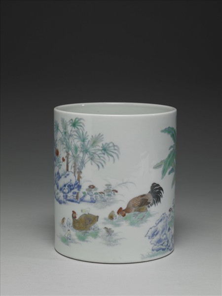 鬥彩子母雞圖筆筒