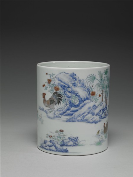 鬥彩子母雞圖筆筒