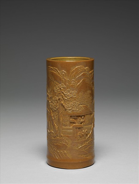 紫金釉雕刻山水筆筒