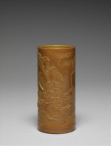 紫金釉雕刻山水筆筒