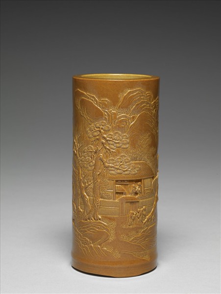 紫金釉雕刻山水筆筒