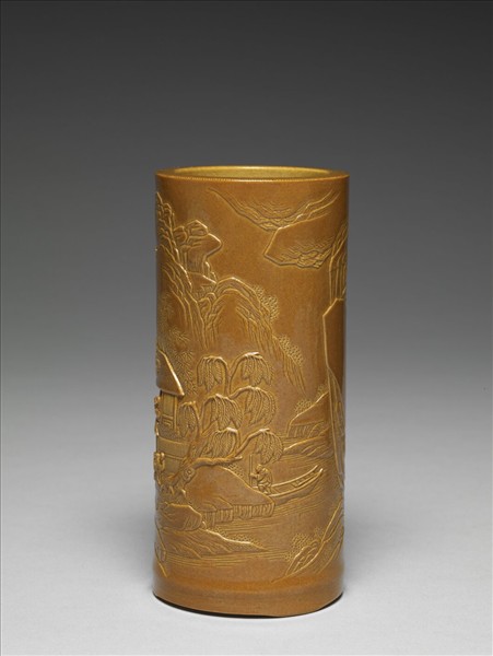 紫金釉雕刻山水筆筒