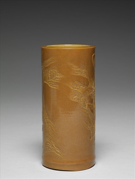 紫金釉雕刻山水筆筒