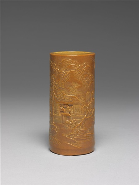 紫金釉雕刻山水筆筒