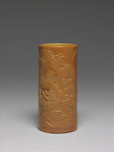 紫金釉雕刻山水筆筒