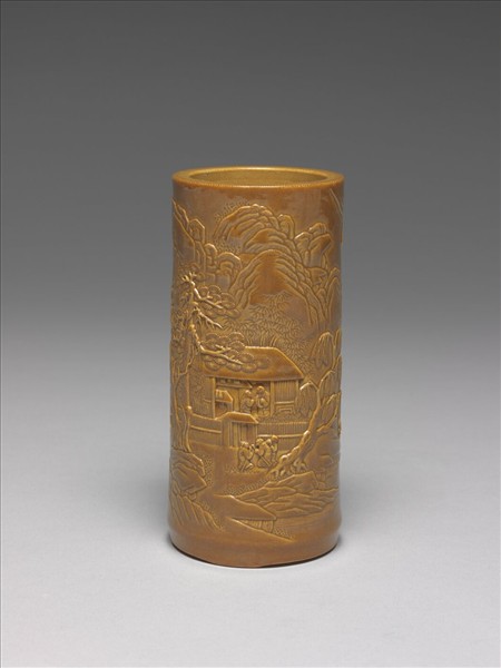 紫金釉雕刻山水筆筒