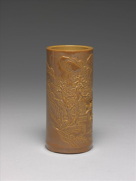 紫金釉雕刻山水筆筒