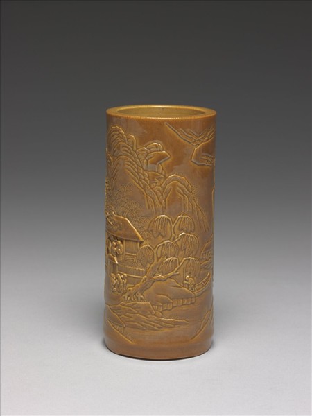 紫金釉雕刻山水筆筒