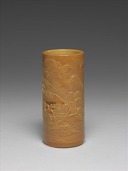 紫金釉雕刻山水筆筒