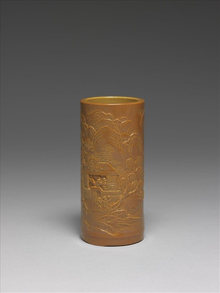 紫金釉雕刻山水筆筒