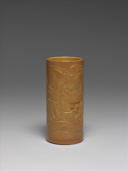 紫金釉雕刻山水筆筒