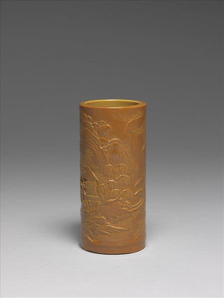 紫金釉雕刻山水筆筒