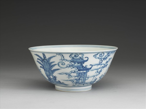 青花三友學士圖碗