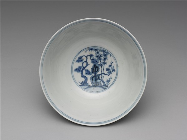 青花三友學士圖碗