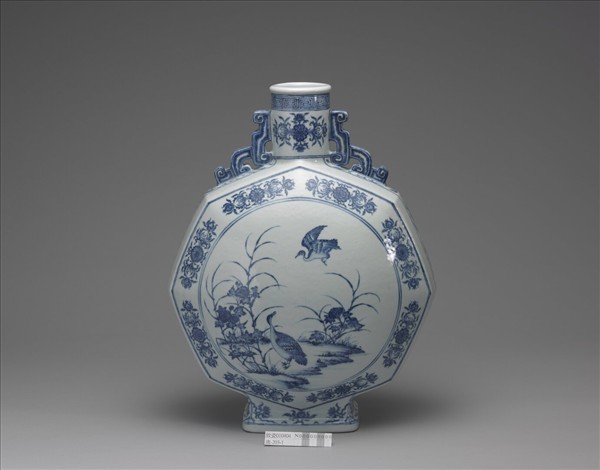 青花花鳥紋八方扁壺