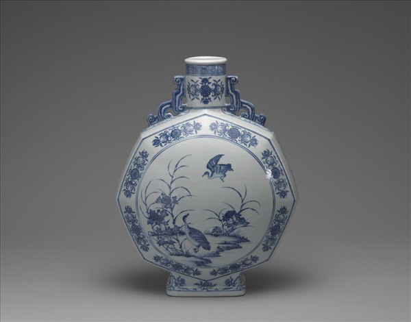 青花花鳥紋八方扁壺