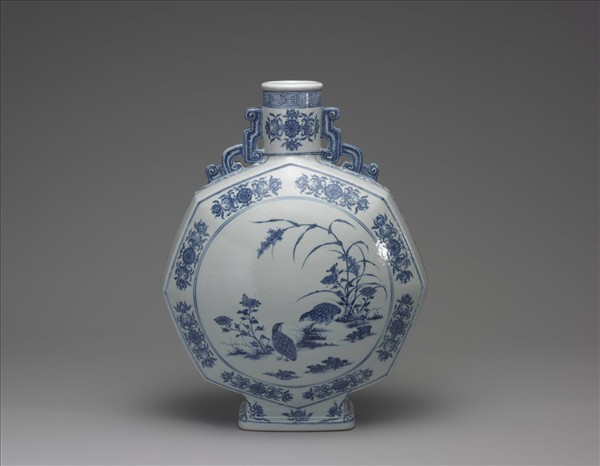 青花花鳥紋八方扁壺