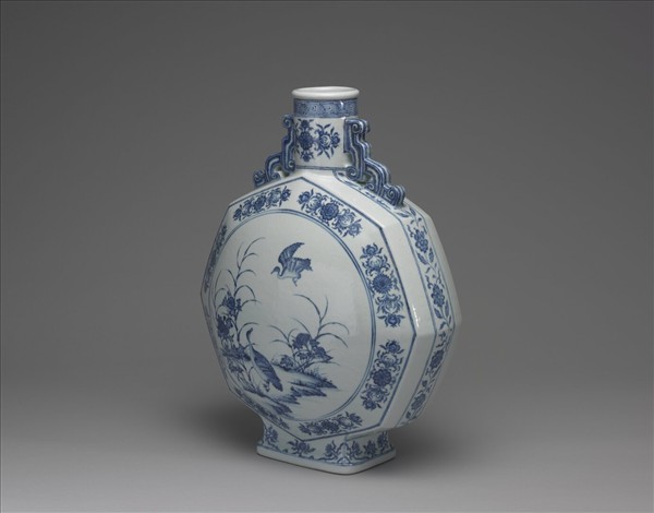 青花花鳥紋八方扁壺