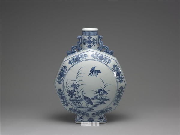 青花花鳥紋八方扁壺