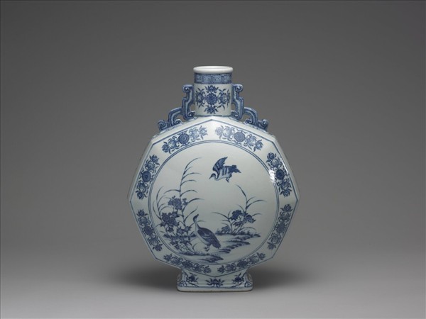 青花花鳥紋八方扁壺