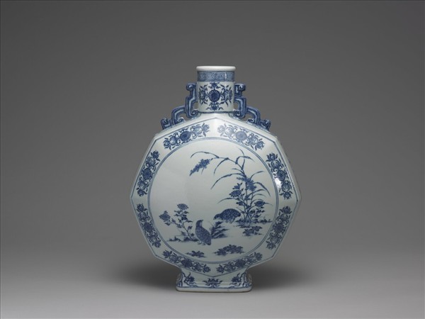 青花花鳥紋八方扁壺