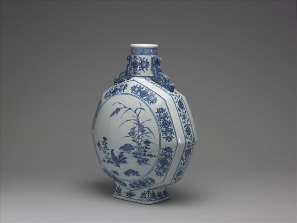 青花花鳥紋八方扁壺