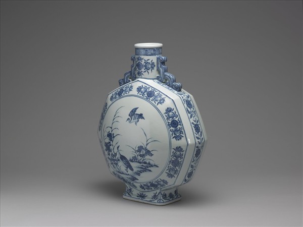 青花花鳥紋八方扁壺