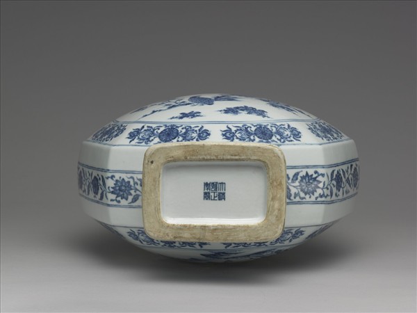 青花花鳥紋八方扁壺