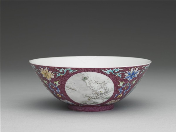 琺瑯彩紅錦地開光四季山水圖碗