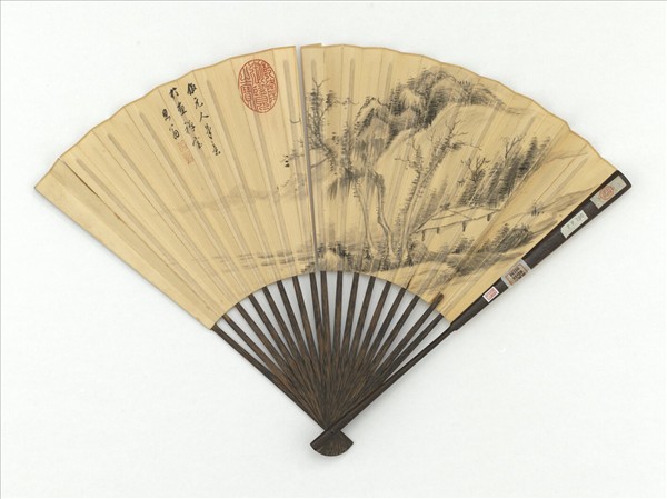 明董其昌畫疏林亭子　成扇