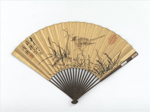 明陳道復畫竹枝山鳥並自書五言古詩　成扇　陳道復畫竹枝山鳥