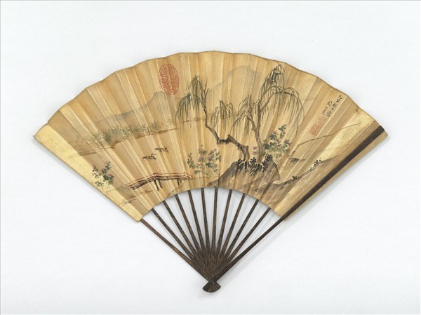 明周之冕畫芙蓉花鴨清孫岳頒書五言律 　成扇　清孫岳頒書五言律