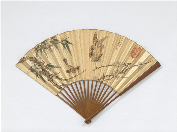 明王維烈畫梅花山鳥杜大綬書五言律葛應典書五言律　成扇　杜大綬書五言律葛應典書五言律