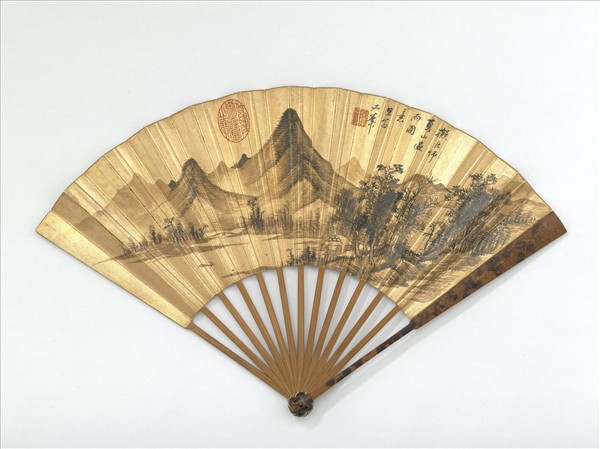 明董其昌畫夏山過雨並自書七言律詩　成扇