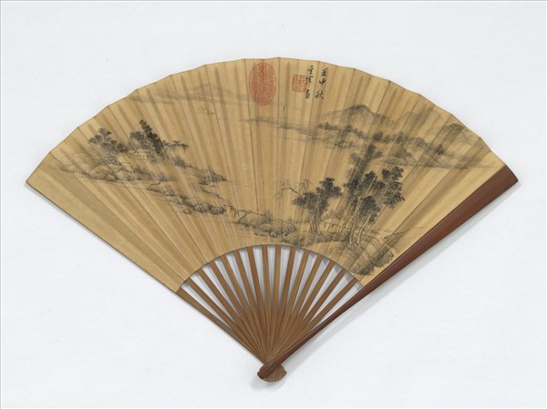 明董其昌畫溪橋煙樹並自書五言律詩　成扇