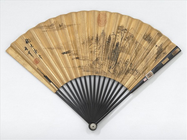 明董其昌畫仿大痴富春圖並自書五言律詩　成扇　董其昌自書五言律詩