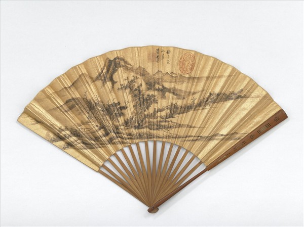 明董其昌畫倣巨然山水並自書七言律詩　成扇