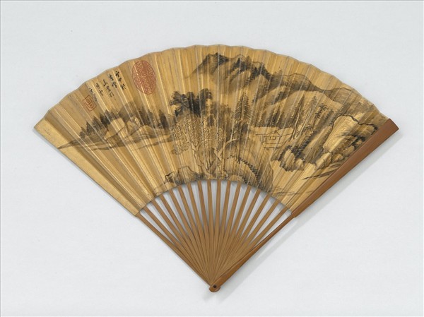 明董其昌畫幽徑白雲並自書五言律詩　成扇　董其昌自書五言律詩