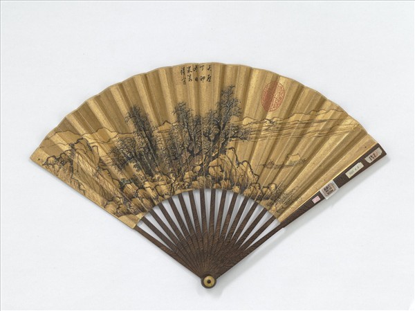 明米萬鍾畫寒江獨釣清孫岳頒書七言絕句　成扇　明米萬鍾畫寒江獨釣