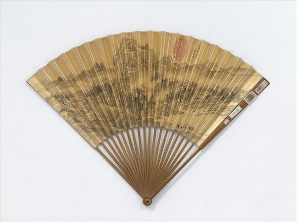 清吳焯畫溪山行旅明董其昌書七言絕句　成扇