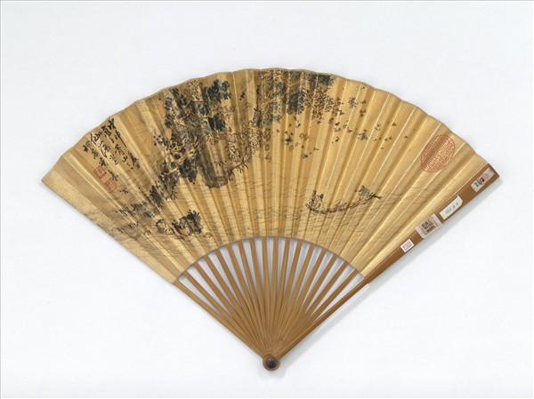 明葉翥畫石壁漁舟米漢雯書五言律詩　成扇　葉翥畫石壁漁舟