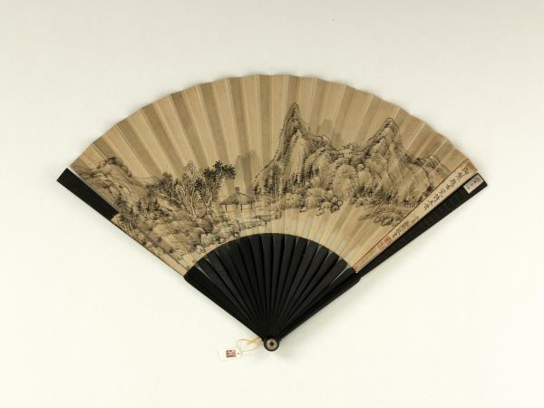 清永琰書乾隆御製題古瓷詩五首福長安畫山水　成扇　永琰書乾隆御製題古瓷詩五首