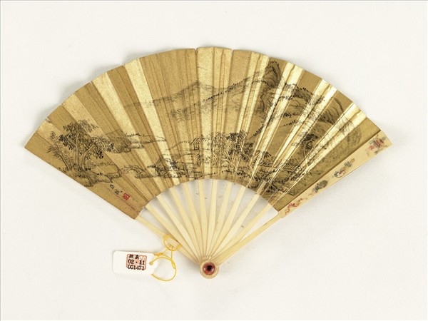 清張照書乾隆御製郊外即事錢維城畫山水　成扇　張照書乾隆御製郊外即事