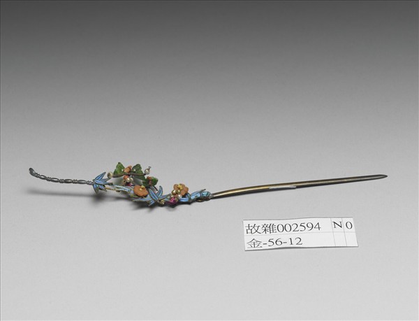 銀鍍金點翠嵌珠翠竹蝴蝶耳挖簪