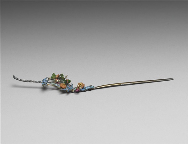 銀鍍金點翠嵌珠翠竹蝴蝶耳挖簪