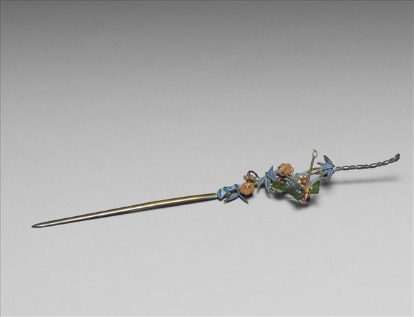 銀鍍金點翠嵌珠翠竹蝴蝶耳挖簪