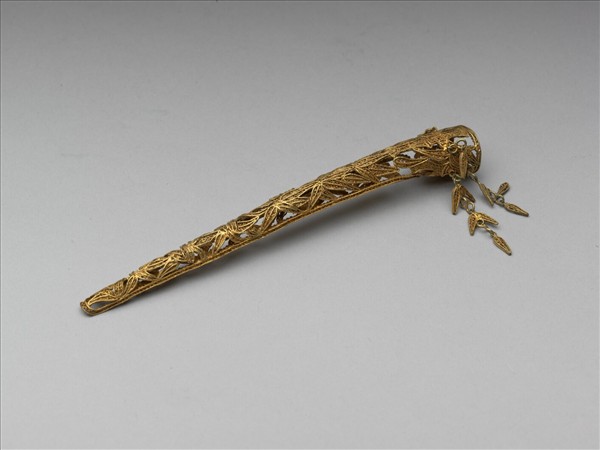 銅鎏金鏤空纍絲竹葉紋指甲套